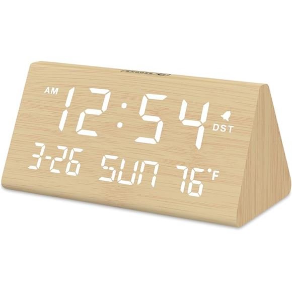 Digital Alarm Clocks for Bedrooms - Wooden Electric Clock with USB Ports, Date - Picture 1 of 6